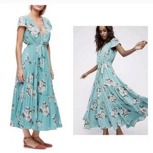Free People All I Got Tiered Floral Maxi Dress Button Back Plunge Front Teal